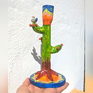 Mexican Tree of Life Cactus Candle Holder With Bird Handcrafted Colorful